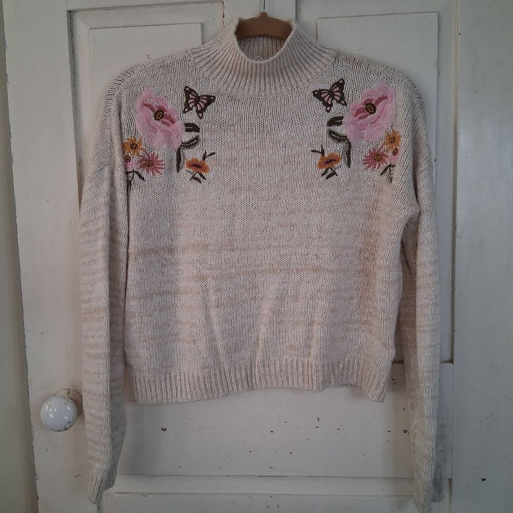 Cloud Chaser Beige Mock Turtleneck Sweater with Pink and Yellow Embroidery